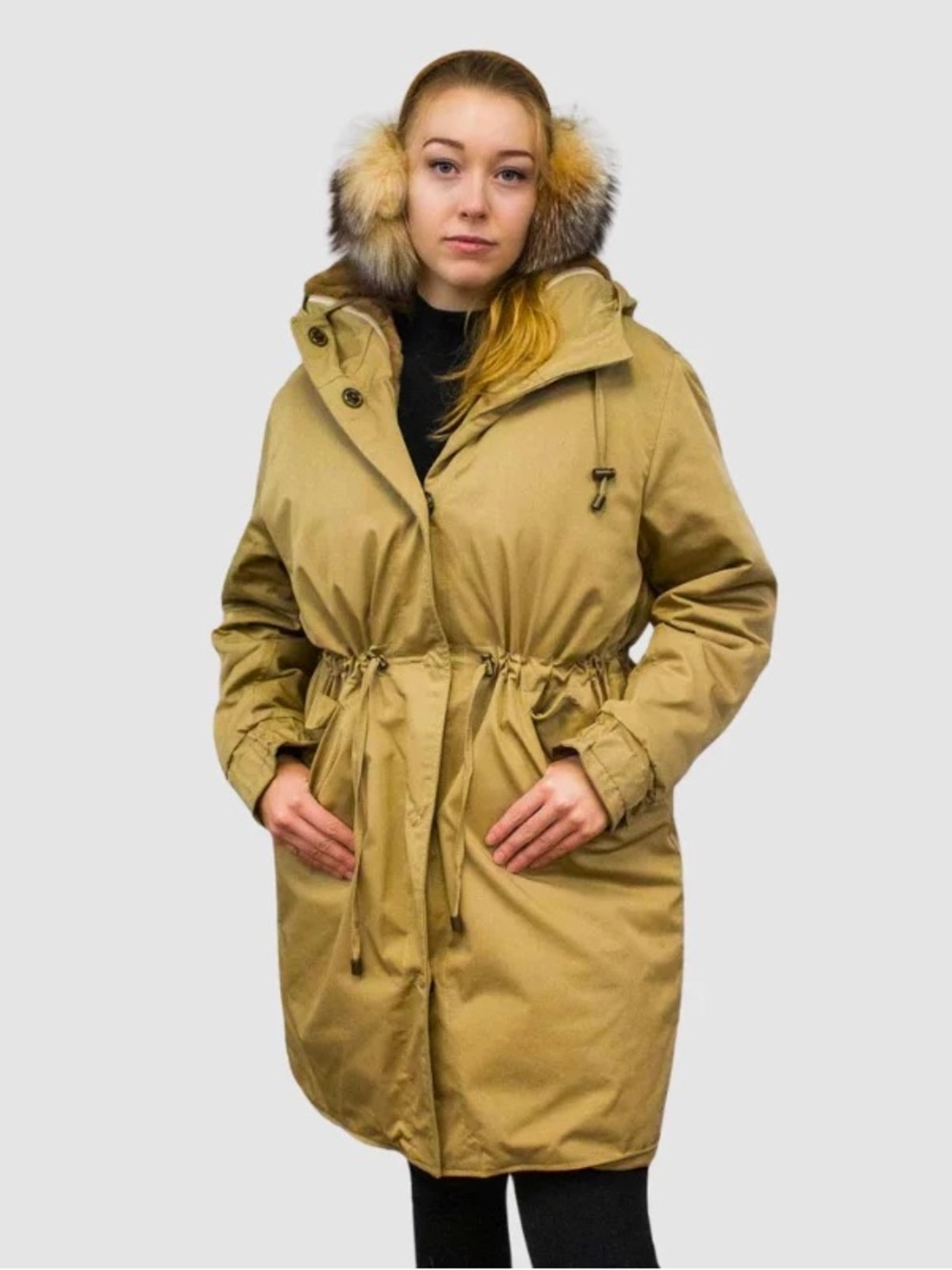Women's Tan Hooded Twill Parka Jacket Lined With Upcycled Sheared Mink